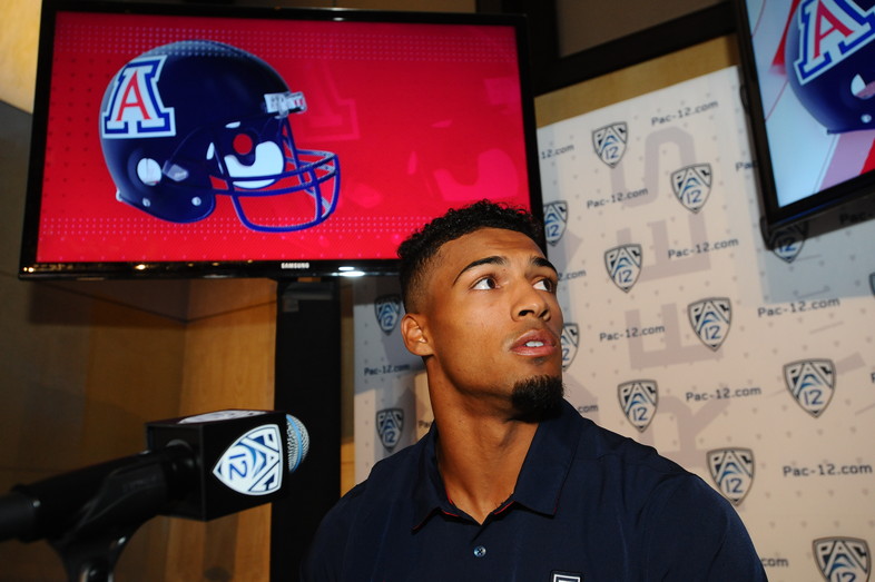 Arizona wide receiver Nate Phillips takes the podium at Pac-12 Football Media Day. 