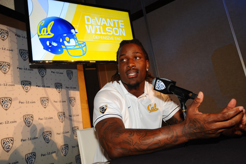 Cal defensive end DeVante Wilson takes a few questions at the podium. 