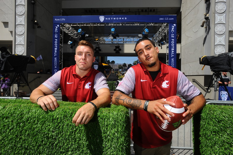 Parker Henry and Gabe Marks get ready to show off their skills at 2016 Pac-12 Football Media Days.
