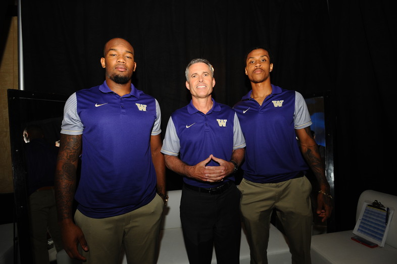 Coach Chris Petersen, Kevin King and Darrell Daniels behind the scenes at Media Day. 