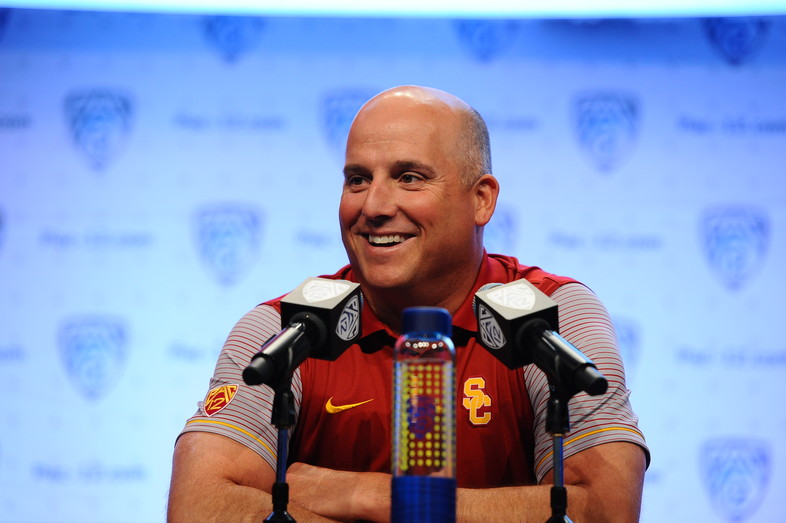 USC first-year head coach Clay Helton happy to take a few questions at the podium. 