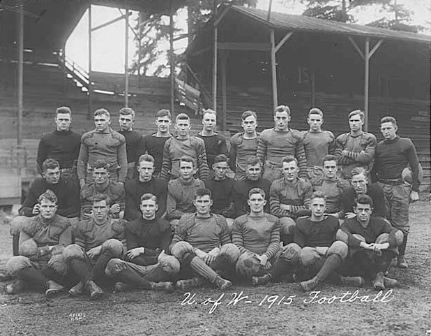 <p>A group photo the 1915 University of Washington football team at Denny Field. Equipment, rules and fan support may have changed over the past century, but a link remains between the decades of Huskies.</p>
