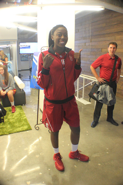 <p>Stanford senior forward Chiney Ogwumike matches from top-to-bottom with her cardinal red shoes.</p>
