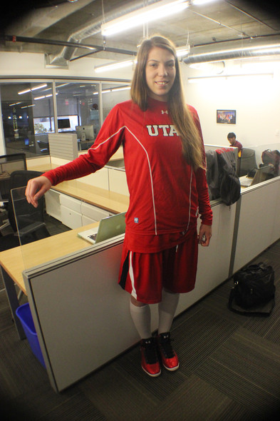 <p>Utah senior forward Michelle Plouffe in her shiny red Under Armour kicks.</p>
