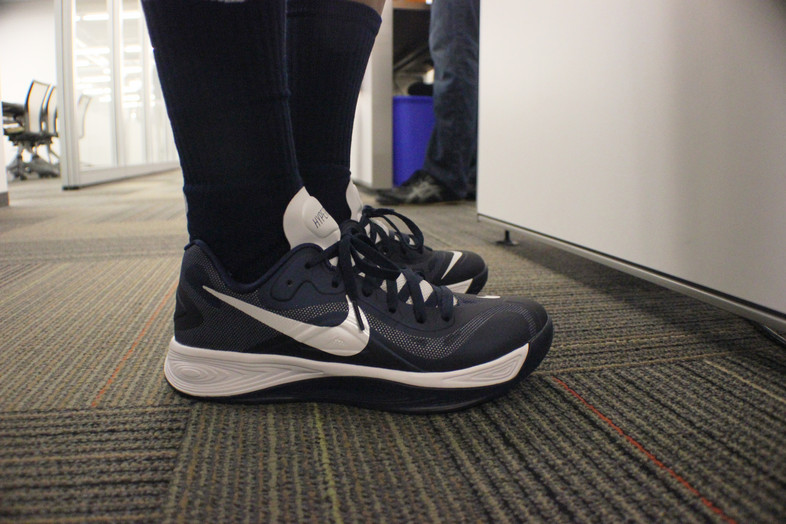 <p>Cal sophomore guard Brittany Boyd's navy blue Nike kicks.</p>
