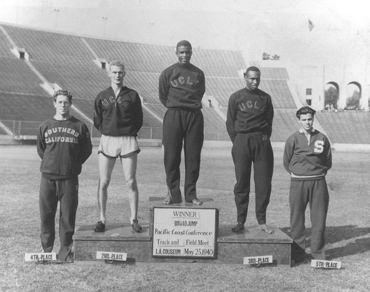 <p>Known forever for his social and physical achievements in baseball, Jackie Robinson actually lettered in four different sports while attending UCLA, including track, football, basketball and, of course, baseball. Here he's seen winning the broad jump at 1940 PCC meet at the Coliseum in Los Angeles.</p>

