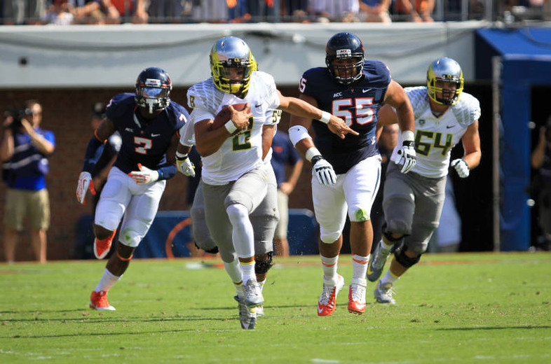 <p>Ducks quarterback Marcus Mariota got the offense rolling with a TD run of 71 yards on just the third play of the game as <a href="http://pac-12.com/event/2013/09/07/oregon-virginia" target="_blank">Oregon defeated the Cavaliers convincingly</a> in Charlottesville. Mark Helfrich's squad will continue their national speed exhibition when they welcome <a href="http://pac-12.com/event/2013/09/14/tennessee-oregon" target="_blank">Tennessee to Autzen on Saturday, Sept. 14</a>.</p>
