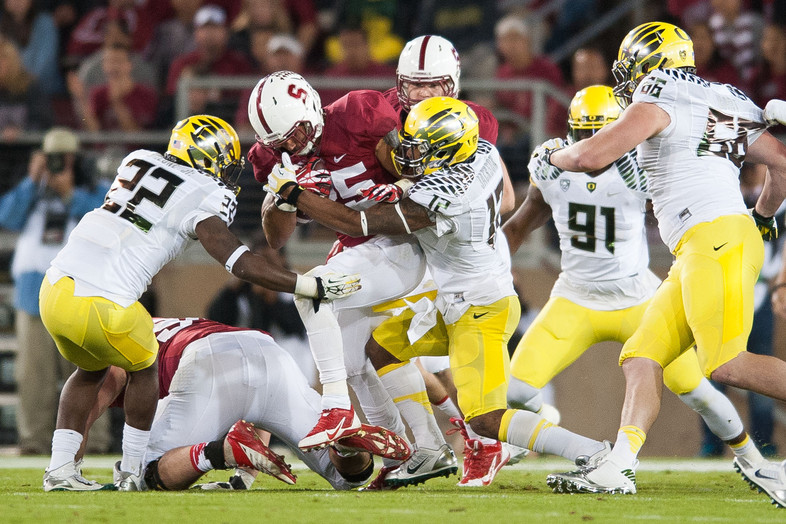 <p>For the second straight year, the <a href="http://pac-12.com/videos/stanford-football-tops-oregon-video-recap" target="_blank">Cardinal spoiled the Ducks' national championship hopes</a> with <a href="http://pac-12.com/videos/highlights-stanford-football-defeats-oregon-second-straight-season" target="_blank">excellent defense and a bruising ground game</a>. Stanford ended with more rushing attempts (66) than Oregon did rushing yards (62). <a href="http://pac-12.com/videos/stanford-football-tyler-gaffney-postgame-interview-versus-oregon" target="_blank">Tyler Gaffney</a> and <a href="http://pac-12.com/videos/stanford-football-kevin-hogan-postgame-interview-after-win-over-oregon" target="_blank">Kevin Hogan</a> spoke about their statement win afterward, while <a href="http://pac-12.com/videos/oregon-football-marcus-mariota-postgame-interview-versus-stanford" target="_blank">Marcus Mariota</a> discussed his team's tough loss. <a href="http://pac-12.com/videos/stanford-football-david-shaw-postgame-interview-versus-oregon" target="_blank">David Shaw's</a> club is now in the Pac-12 North driver's seat and <a href="http://pac-12.com/event/2013/11/16/stanford-usc" target="_blank">headed to USC</a>, while <a href="http://pac-12.com/event/2013/11/16/utah-oregon" target="_blank">Oregon returns home to face Utah</a>.</p>
