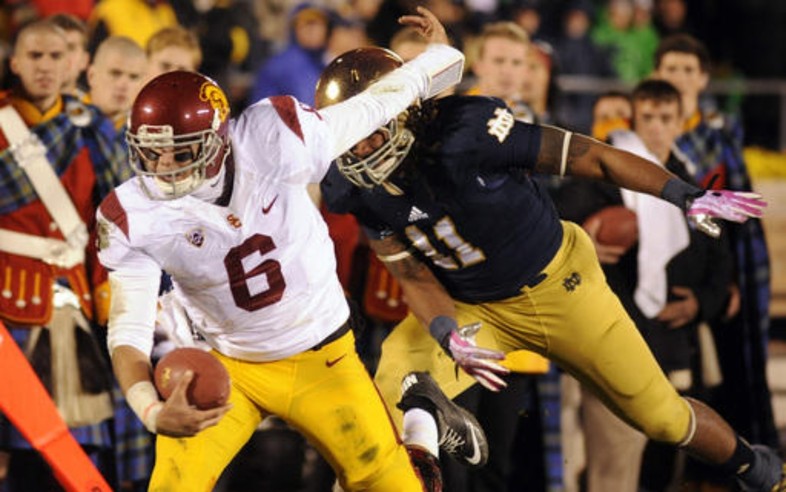 <p><span style="line-height: 1.6em;">The Trojans outgained their rivals 330-295 in South Bend, but the </span><a href="http://pac-12.com/videos/highlights-usc-football-comes-short-against-notre-dame" style="line-height: 1.6em;" target="_blank">Irish defense outlasted USC</a><span style="line-height: 1.6em;"> to end their five-game home losing streak to Troy. Ed Orgeron's squad converted two third-down conversions early but then went 0-for-11 over the rest of the game. </span><a href="http://pac-12.com/event/2013/10/26/utah-usc" style="line-height: 1.6em;" target="_blank">USC hosts Utah next weekend</a>.</p>
