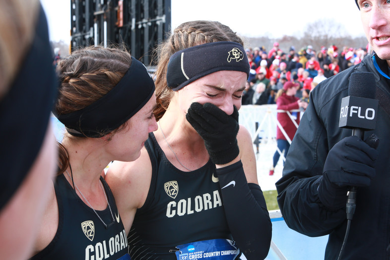Dani Jones fights to hold back emotions after grabbing Colorado's first individual cross country title since 2000 in the women's Cross Country Championship.