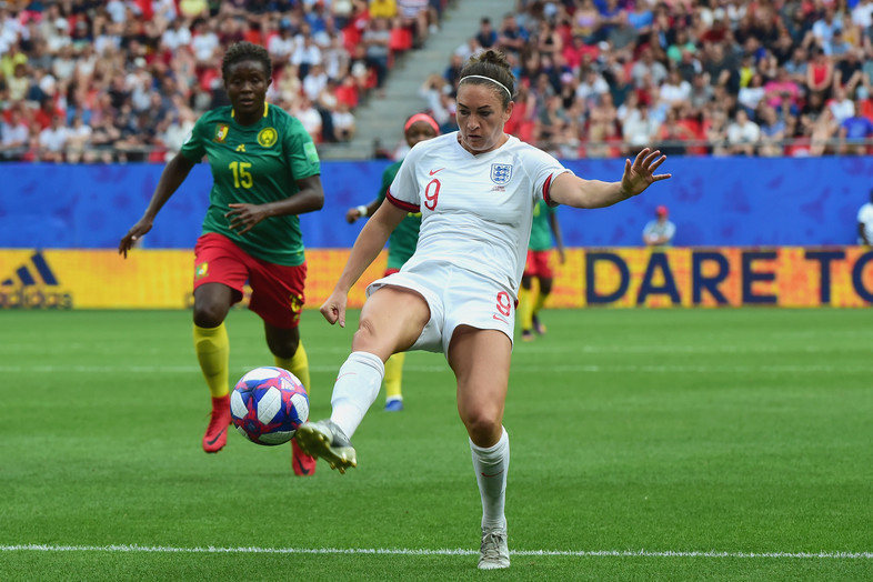 Jodie Taylor of England in action during the 2019 FIFA Women's World Cup France Round Of 16 match between England and Cameroon at Stade du Hainaut on June 23, 2019 in Valenciennes, France. 