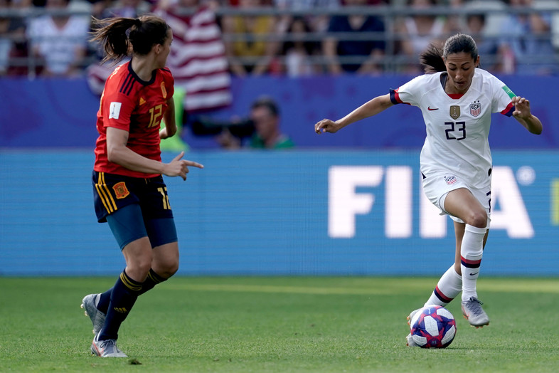 Christen Press of USA Women during the World Cup Women match between Spain vs USA at the Stade Auguste-Delaune on June 24, 2019 in Reims France. 
