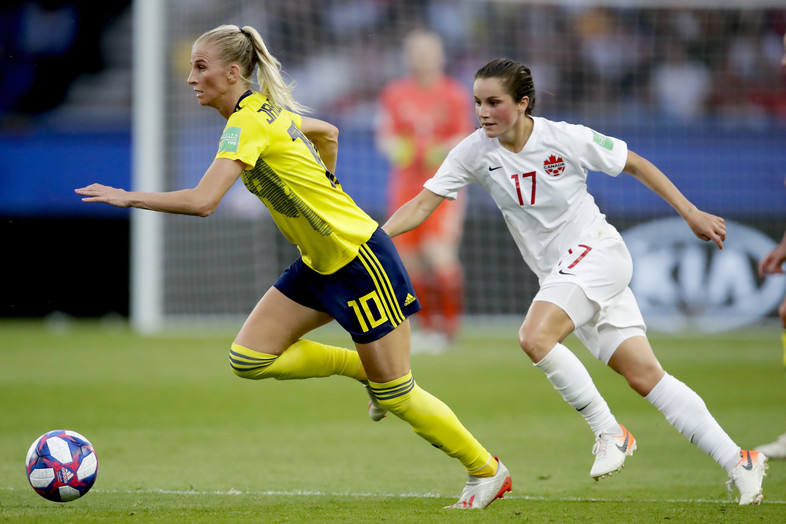 Jessie Fleming of Canada Women during the World Cup Women match between Sweden v Canada at the Parc des Princes on June 24, 2019 in Paris France. 