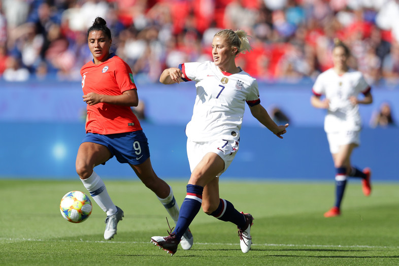 Abby Dahlkemper of the USA passes the ball during the 2019 FIFA Women's World Cup France group F match between USA and Chile at Parc des Princes on June 16, 2019 in Paris, France.
