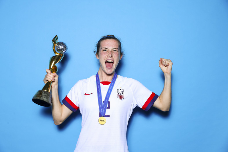 Tierna Davidson of the USA poses with the Women's World Cup trophy after the 2019 FIFA Women's World Cup France Final match between The United State of America and The Netherlands at Stade de Lyon on July 07, 2019 in Lyon, France.