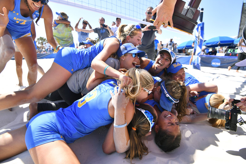 UCLA women's beach volleyball soaks in sweet victory after taking down Florida State 3-1 for the national title.
