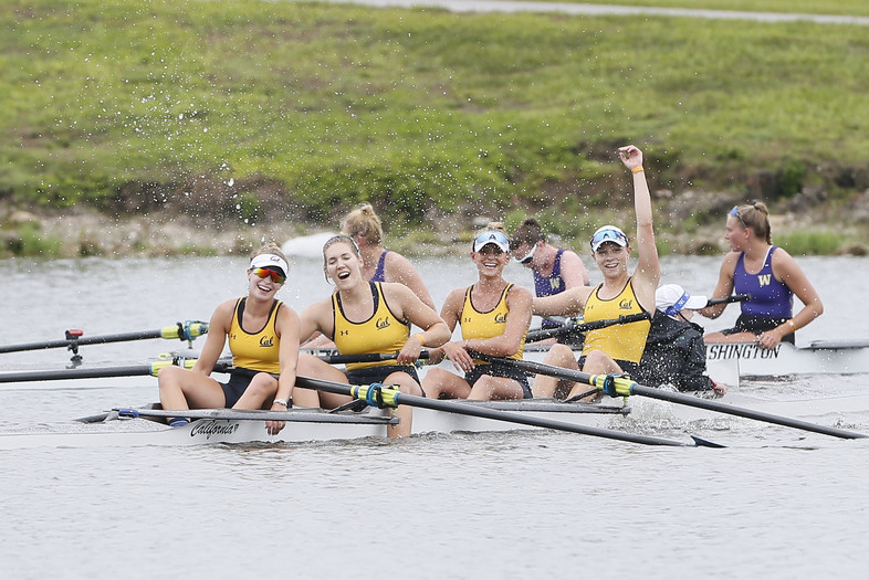 Cal celebrates a massive win over Washington, last year's defending champs, in the Fours Grand Final that solidified a NCAA Rowing Championship win for the Golden Bears.