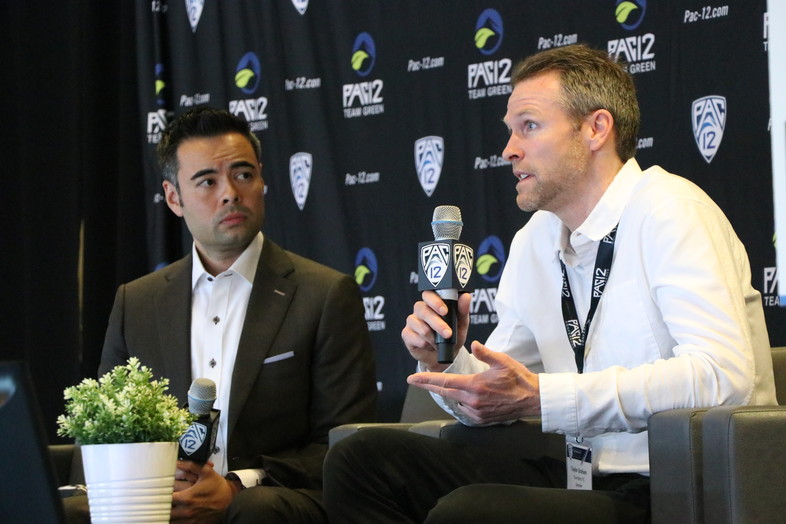 Pac-12 Networks' Mike Yam and Seattle Sounders Vice President of Business Operations & Marketing Taylor Graham discussed sports climate action leadership during a panel on the main stage. 