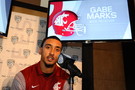 Washington State receiver Gabe Marks answers a few questions at the podium. 