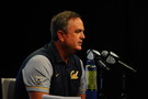Cal head coach Sonny Dykes takes questions at the podium. 