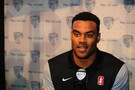 Stanford defensive end Solomon Thomas talks with reporters at Media Day. 
