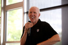 Bill Walton smiles while answering a question during Tuesday's reception at the Conibear Shellhouse at the University of Washington.