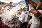 Sun Devils "Hurl-ey" water on their head coach after taking down No. 1 Kansas at home, 80-76. It was the first time the program has defeated a top-ranked team since 1981.