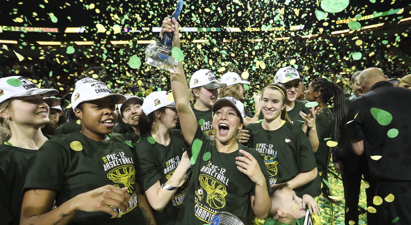 Confetti rains down as a new chapter unfolds in Oregon women's basketball history - Sabrina Ionescu drained a career-best 36 points to lead the Ducks to a 77-57 win over Stanford and the program's first Pac-12 title.